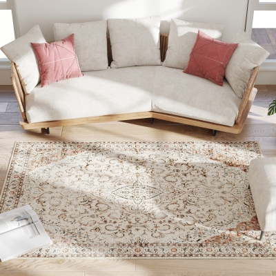 HOMCOM 4x6 Washable Area Rug, Non-Slip Floral Carpet, Mixed-Brown