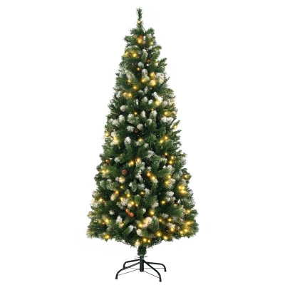 HOMCOM 6' Decorated Christmas Trees, Skinny Prelit Artificial Christmas Tree with Snow-dipped Branches, Auto Open, Pinecones