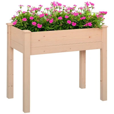 Outsunny 34"x18"x30" Wooden Raised Garden Bed, Elevated Planter Box with Legs, Drainage Holes, Inner Bag for Garden, Natural