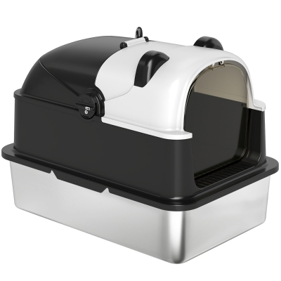 PawHut Panda Style XL Stainless Steel Cat Litter Box with Lid, Enclosed Kitty Litter Box with Scoop, 23.7" x 15.9" x 17.6"