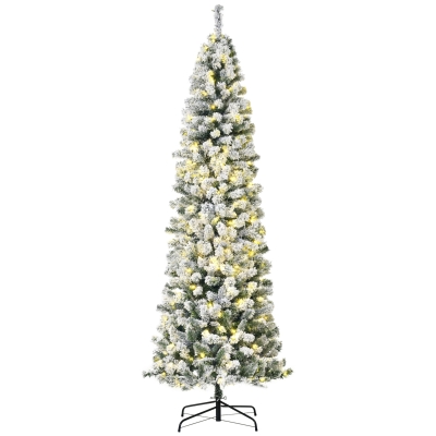 HOMCOM 7.5 Feet Christmas Tree Prelit Artificial Snow Flocked with Warm White LED Light, Holiday Home Xmas Decoration, Green White