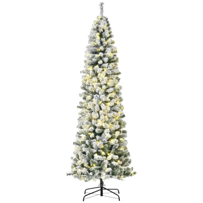 HOMCOM 7.5 Feet Christmas Tree Prelit Artificial Snow Flocked with Warm White LED Light, Holiday Home Xmas Decoration, Green White