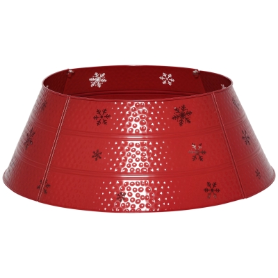 HOMCOM Christmas Tree Collar, 26" Metal Tree Ring Skirt, Home Xmas Decoration with Snowflake Engraving, Red