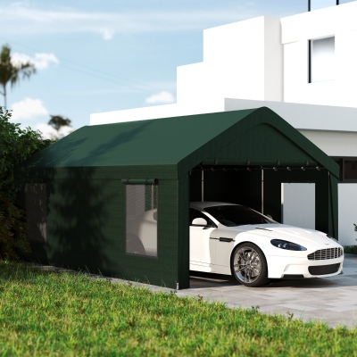 Outsunny 12 x 20ft Carport with 2 Roll-Up Doors, 4 Windows, Portable Garage with Removable Sidewalls for Car, Truck, Dark Green