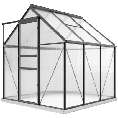 Outsunny 6' x 6' x 6.5' Polycarbonate Greenhouse, Walk-in Green House with Adjustable Roof Vent, Galvanized Base, Sliding Door and Rain Gutter for Outdoor, Garden, Backyard, Grey