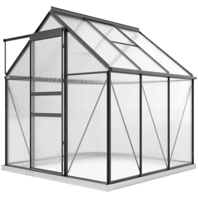 Outsunny 6' x 6' x 6.5' Polycarbonate Greenhouse, Walk-in Green House with Adjustable Roof Vent, Galvanized Base, Sliding Door and Rain Gutter for Outdoor, Garden, Backyard, Grey