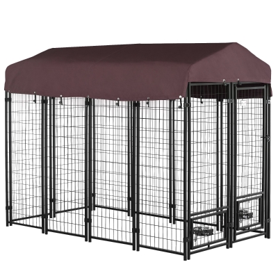PawHut Outdoor Dog Kennel, Lockable Pet Playpen Crate, Welded Wire Steel Fence, Rotating Bowl Holders, Red