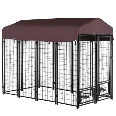 PawHut Outdoor Dog Kennel, Lockable Pet Playpen Crate, Welded Wire Steel Fence, Rotating Bowl Holders, Red