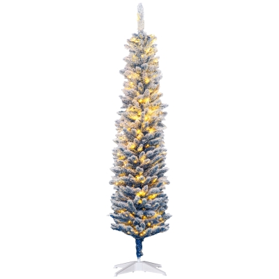 HOMCOM 6' Flocked Christmas Trees, Pencil Prelit Artificial Christmas Tree with Snow Branches, Blue