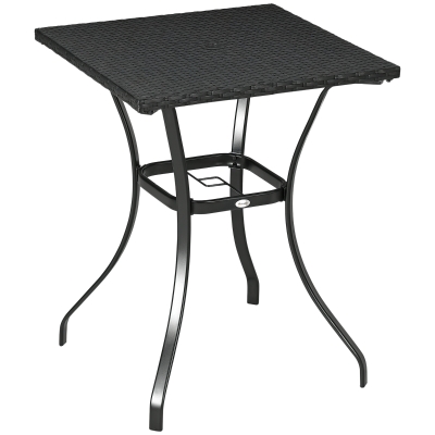 Outsunny Patio Wicker Dining Table with Umbrella Hole, 34 Inch Outdoor PE Rattan Coffee Table with Plastic Board Under the Woven Table Top for Patio, Garden, Balcony, Black