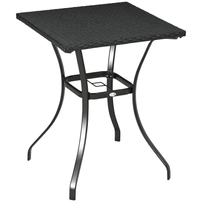 Outsunny Patio Wicker Dining Table with Umbrella Hole, 34 Inch Outdoor PE Rattan Coffee Table with Plastic Board Under the Woven Table Top for Patio, Garden, Balcony, Black