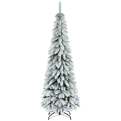 HOMCOM 6' Artificial Slim Flocked Christmas Trees, with Snow Frosted Branches, Downswept Shape, Steel Base