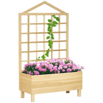 Outsunny Distressed Wood Planter Box with Trellis, Raised Garden Bed for Outdoor Plants Flowers Herbs, Natural
