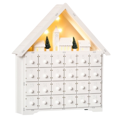 HOMCOM Christmas Advent Calendar, 2022 Light Up Table Xmas Wooden House Holiday Decoration with Countdown Drawer, Village, for kids Adults, White
