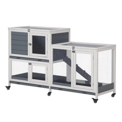 PawHut Wooden Rabbit Hutch Elevated Pet House Bunny Cage Small Animal Habitat with Slide-out Tray Lockable Door Openable Top for Indoor 58" x 18" x 35" Grey