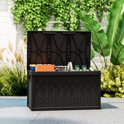 Outsunny 70 Gallon Deck Box, Resin Outdoor Storage Box with Handles, Waterproof Storage Container for Garden Tools, Black