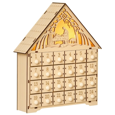 HOMCOM Wooden Christmas Advent Calendar, Lighted 24 Days Xmas Calendar House, Christmas Table Decoration with Countdown Drawers, Bible Characters, Battery Operated, Natural