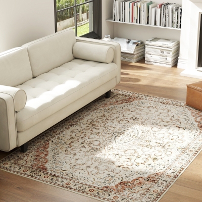 HOMCOM 4x6 Washable Area Rug, Non-Slip Floral Carpet, Mixed-Brown