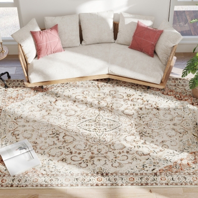 HOMCOM 8x10 Washable Non-Slip Floral Rug for Living Room, Mixed-Brown