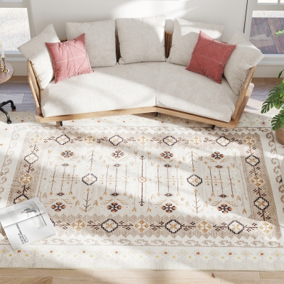 HOMCOM 8x10 Boho Non-Slip Area Rug, Machine Washable, Brown