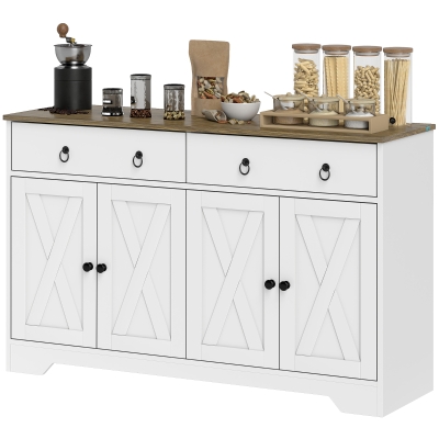 HOMCOM Kitchen Sideboard Cabinet with 2 Drawers, 4 Barn Doors and 2 Adjustable Shelves, Buffet Table for Living Room, White