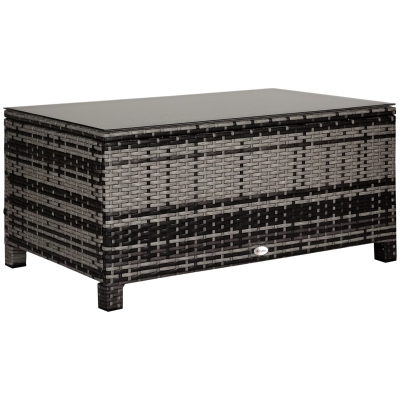 Outsunny Outdoor PE Rattan Wicker Table, Patio Garden Side Table w/Glass Top for Patio, Balcony, Mixed Grey