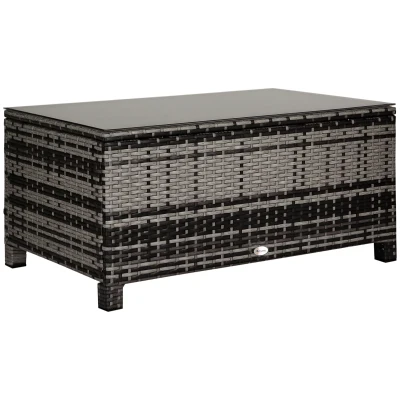 Outsunny Outdoor PE Rattan Wicker Table, Patio Garden Side Table w/Glass Top for Patio, Balcony, Mixed Grey