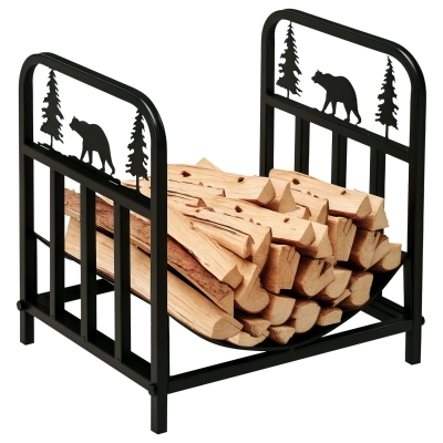 Outsunny Curved Firewood Rack with Bear and Pine Tree Design, 17 Inch Log Holder Storage Rack with 110 lbs. Capacity, Black
