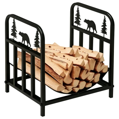 Outsunny Curved Firewood Rack with Bear and Pine Tree Design, 17 Inch Log Holder Storage Rack with 110 lbs. Capacity, Black