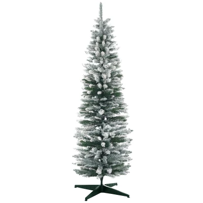 HOMCOM 6ft Tall Pencil Artificial Christmas Tree, Holiday Décor with Snow Flocked Branches, Green