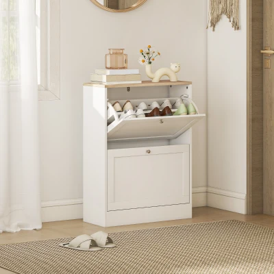 HOMCOM Modern Slim Shoe Cabinet with 2 Flip Drawers, White