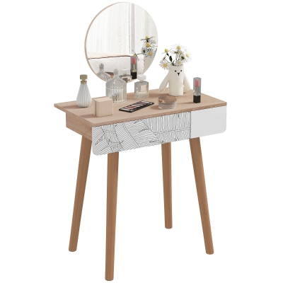 HOMCOM Vanity Desk with Mirror, Vanity Table with Drawer and Height Adjustable Mirror, Makeup Table with Wood Legs for Bedroom, Oak
