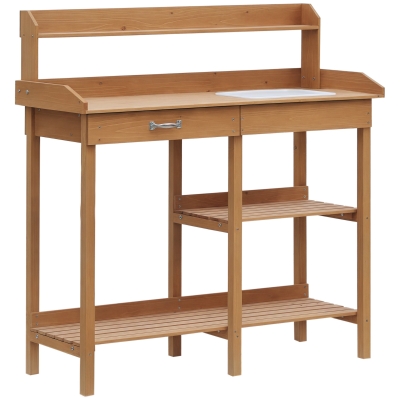 Outsunny 47.75" Potting Bench Table Garden Work Bench Workstation with Drawer, Removable Sink, Storage Shelves and Hooks, Natural