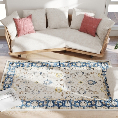 HOMCOM 4x6 Boho Floral Area Rug, Non-Slip Carpet, Blue