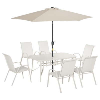 Outsunny 8 Pieces Patio Dining Set with Umbrella, 6 Chairs and Table, Cream White