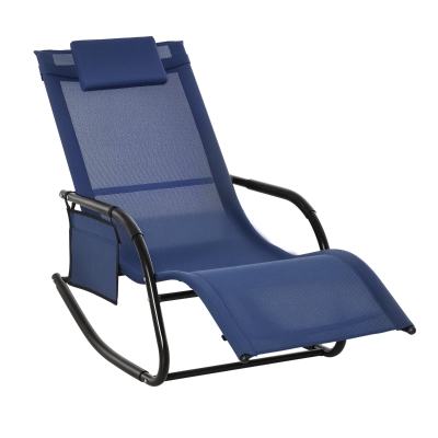 Outsunny Patio Rocking Chair with Mesh Fabric, Outdoor Rocking Sling Sun Lounger with Removable Headrest and Side Pocket for Garden, Deck, Lawn, Blue