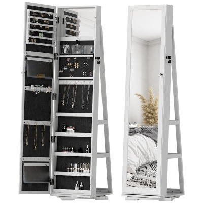 HOMCOM 360° Swivel Jewelry Armoire, Lockable Mirror Jewelry Cabinet with Built-In Small Mirror, White