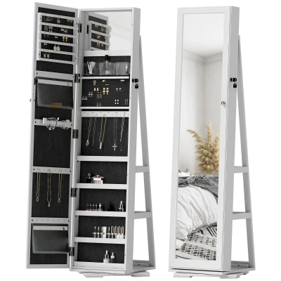 HOMCOM 360° Swivel Jewelry Armoire, Lockable Mirror Jewelry Cabinet with Built-In Small Mirror, White