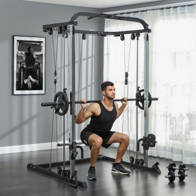 Soozier 3 In 1 Smith Machine Power Rack with Cable Crossover System, Pull up Station, 16-Level Squat Rack and Barbell Bar