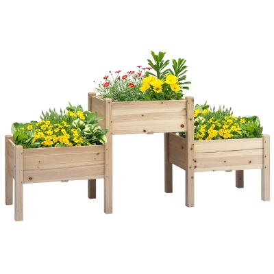 Outsunny Freestanding Wooden Plant Stand, 3 Tier Raised Garden Bed for Vegetables, Herb and Flowers, Natural