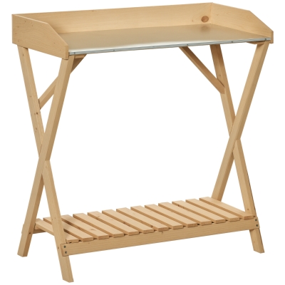Outsunny Garden Potting Bench Table, Wooden Work Station, Outdoor Planting Workbench w/ Galvanized Metal Tabletop and Storage Shelf