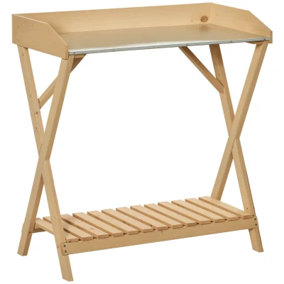Outsunny Garden Potting Bench Table, Wooden Work Station, Outdoor Planting Workbench w/ Galvanized Metal Tabletop and Storage Shelf