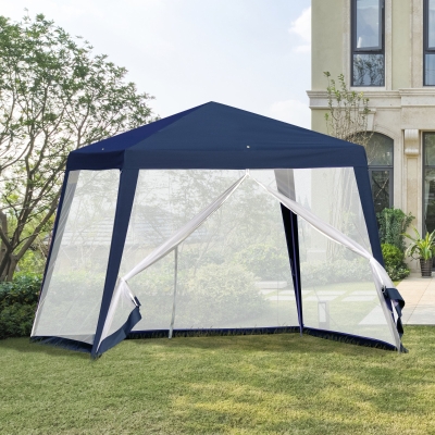 Outsunny 10x10ft Party Tent Canopy with Netting, Patio Screen House Slant Leg Outdoor Gazebo Sun Shade Shelter, Blue