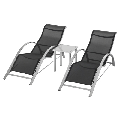 Outsunny 3 Pieces Patio Pool Lounge Chairs Set, Outdoor Chaise lounge with 2 S-Shaped Sunbathing Chairs and a Glass Top Table, for Yard Garden, Black