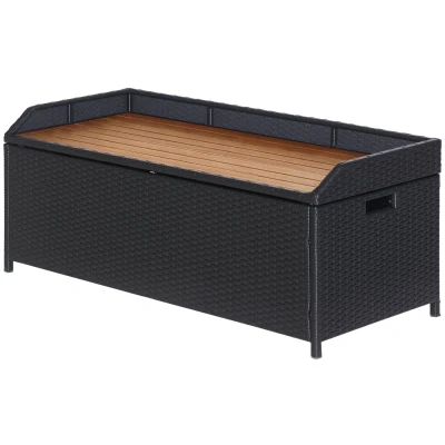 Outsunny Patio Wicker Storage Bench Box, Outdoor Garden PE Rattan Pool Storage Deck Bin Box w/ Natural Wood Top, Lid, Ideal for Storing Tools, Accessories and Toys, Coffee