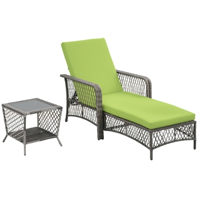 Outsunny 2 Pieces Wicker Patio Lounge Set w/ Cushions, Outdoor PE Rattan Sun Lounger Sets w/ 5-Level Reclining Chaise Chair & Two-tier Glass Top Coffee Table, Green