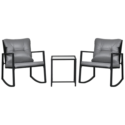 Outsunny 3 Pieces Rocking Bistro Set, Outdoor Wicker Patio Furniture with Glass Coffee Table and Outside Rocking Chairs for Porch, Lawn, Conversation Sets with Thick Cushions, Gray