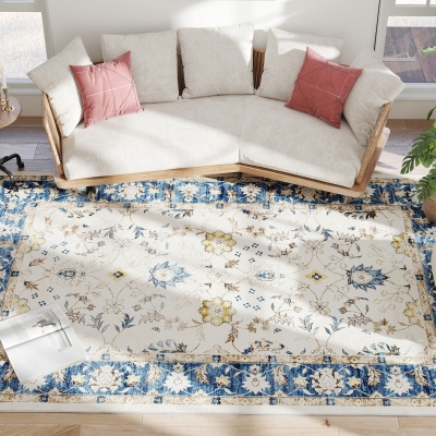 HOMCOM 8x10 Boho Floral Area Rug, Non-Slip Carpet, Blue