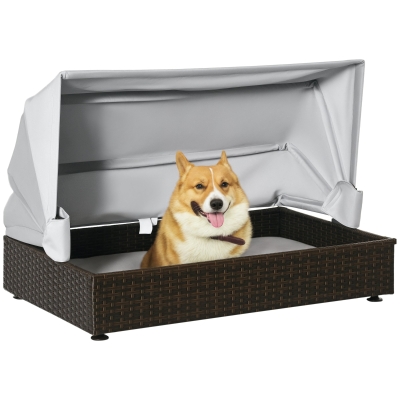 PawHut Rattan Dog Bed, Elevated Pet Sofa with Canopy, Coffee