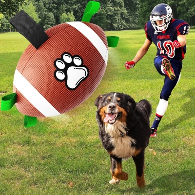 Dog Soccer Ball with Durable Water-Resistant Design, Interactive Tug-of-War Toy for Small and Medium Dogs, 8" L x 5" W x 5" H, Brown